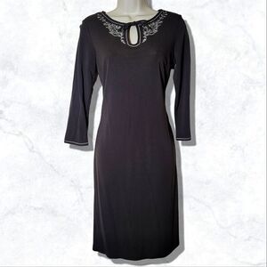 LOFT Black Embroidered Long Sleeve Keyhole Shift Dress